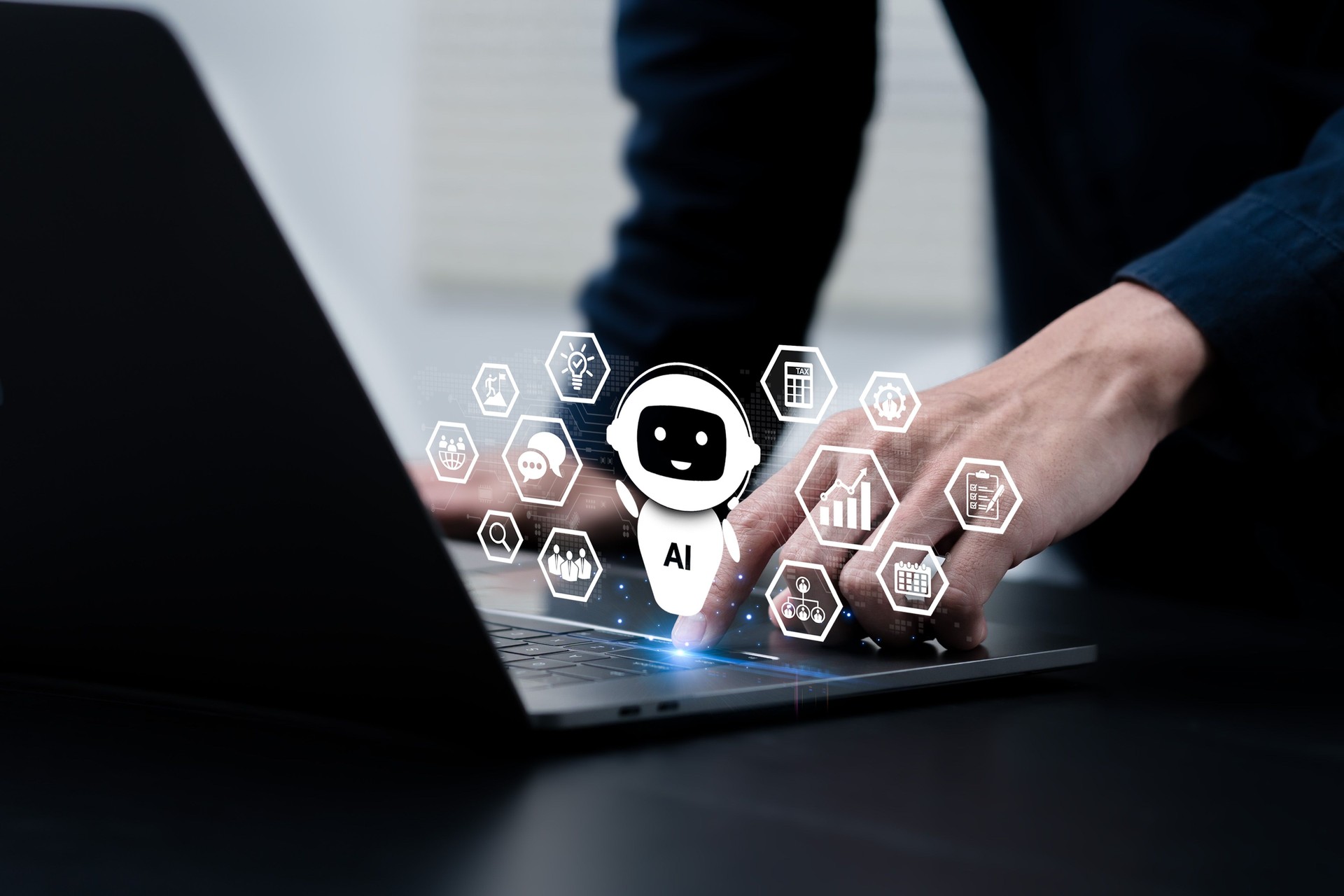 AI, Artificial Intelligence. Businessman uses a laptop and AI assistant dashboard for data analysis, research, planning, and work generate. Technology smart robot AI agents and agentic workflows.